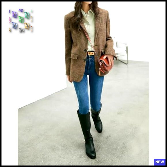 Wool Blend Blazer Classic Plaid Business Casual Work Coat Elegant Retro - Picture 3 of 7